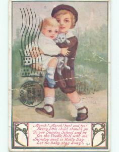 Pre-Linen BOY CARRIES CAT AND LITTLE SISTER IN ARMS k8608