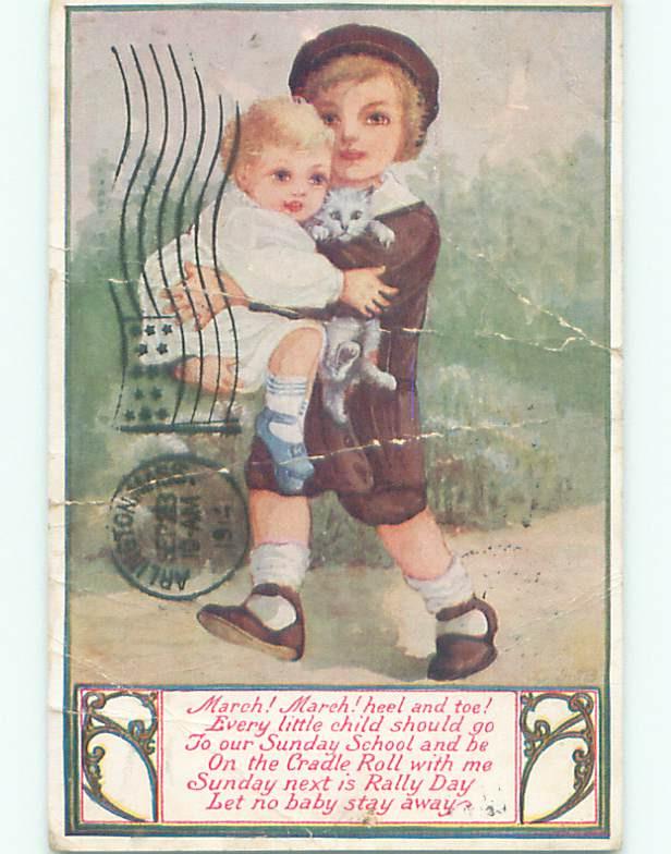 Pre-Linen BOY CARRIES CAT AND LITTLE SISTER IN ARMS k8608