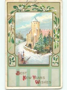 Pre-Linen new year CASTLE SCENE IN WINTER PLUS MISTLETOE k5189