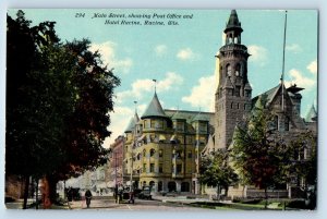 Racine Wisconsin WI Postcard Main Street Showing Post Office Hotel c1910 Vintage