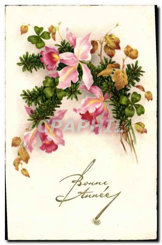 Old Postcard Happy New Year Flowers