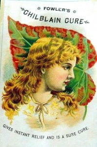Fowler's Chilblain Cure Lovely Girl Big Red & Green Leaf Victorian Trade Card C2