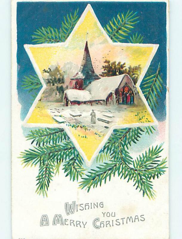 Pre-Linen christmas SNOW-COVERED CHURCH ON JEWISH STAR OF DAVID HQ7094