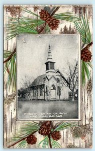 ARGONIA, Kansas KS ~ PRESBYTERIAN CHURCH Pine Cone Border 1914   Postcard