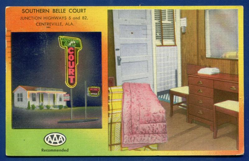 Centreville Alabama al Southern Belle Court Motel AAA linen postcard