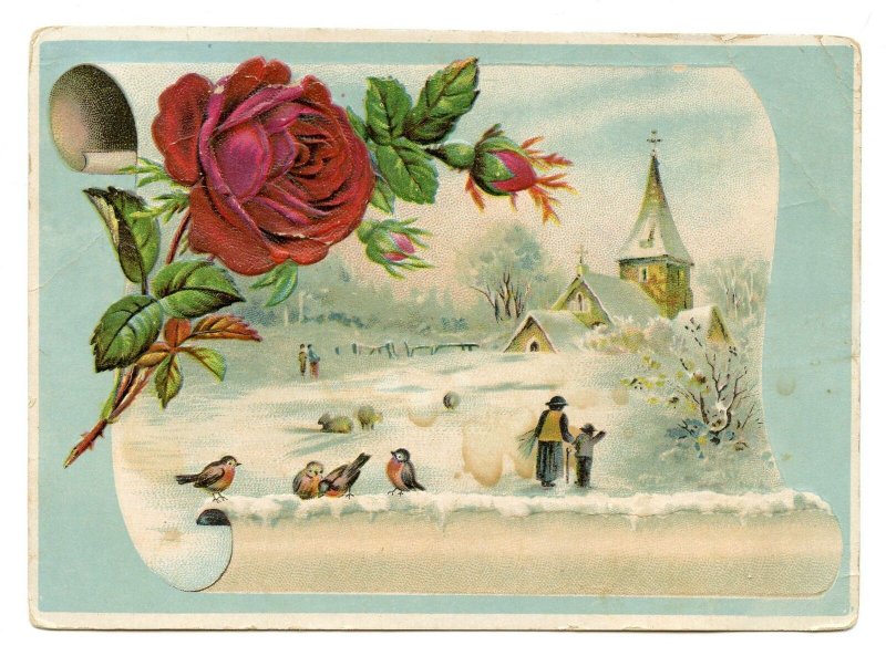 LOT/2 VINTAGE 1800's ERA EMBOSSED LITHOGRAPH CARDS*CHURCHES*BIRDS*WINTER*ROSES