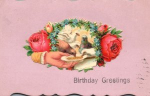 1909 Birthday Greetings Birds Inside The Wreath Rose Flowers Vintage Postcard