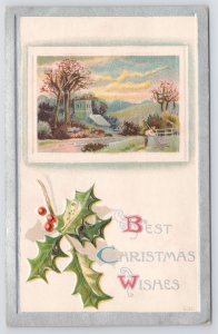 Christmas~Farmer Rakes By Road~Holly~Silver Border~Embossed~Vintage Postcard