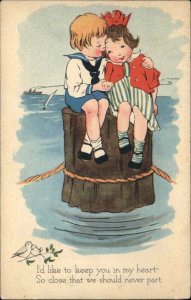 Gibson Romance Little Boy and Girl Snuggle on Water Poetry Vintage Postcard