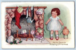 Christmas Postcard Little Girl Hanging Stockings Anthropomorphic Gifts Embossed