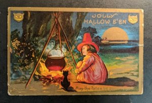 Vintage Jolly Halloween Young Witch and Black Cat Embossed Illustrated Postcard