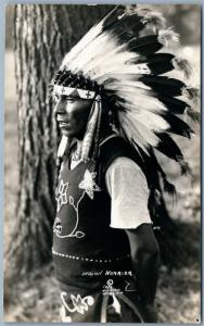AMERICAN INDIAN WARRIOR ANTIQUE REAL PHOTO POSTCARD RPPC by W.H.WESSA ANTIGO WIS