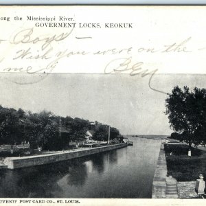 1906 Keokuk, IA Government Locks Mississippi Postcard BURL & St Louis Cancel A21