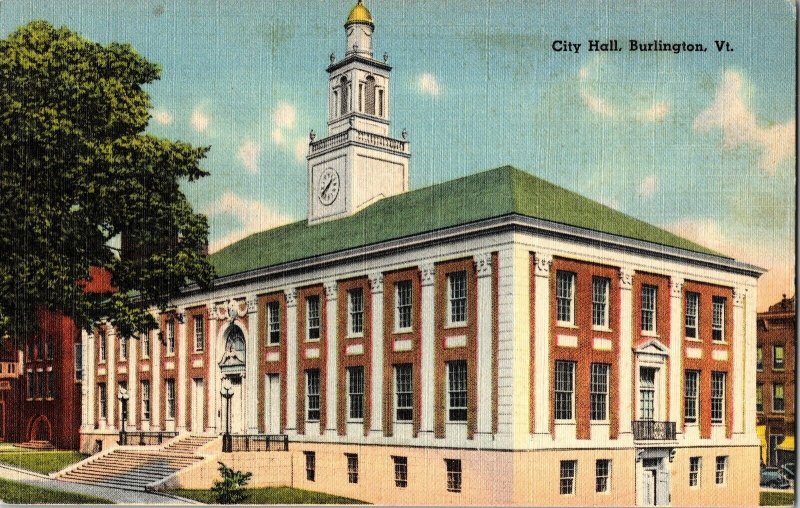 City Hall Burlington Vermont Linen Postcard Tichnor Quality Views Postcard Vtg 