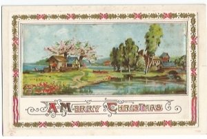 Vintage Embossed Postcard Christmas Pond & Meadow Farm Scene