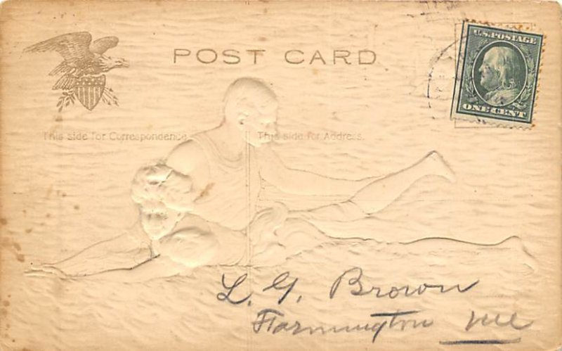 Diving Bathing Beauty Postal Used Unknown writing on front, stains on card