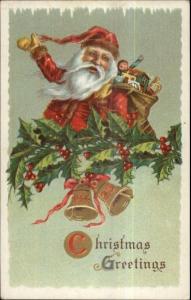 Christma - Santa Claus Windblown Beard Toys Holly & Bells c1910 Postcard