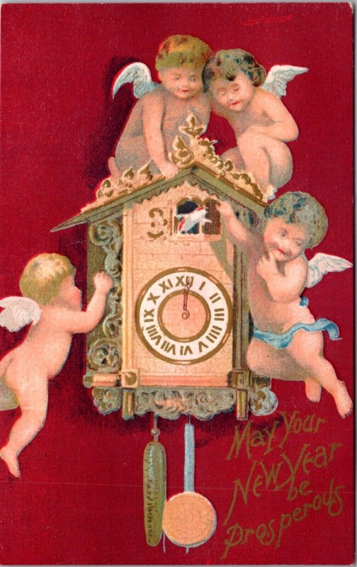 New Year Postcard Cherub Cupid Angels with a Clock on the Wall