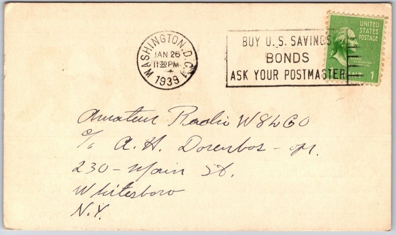 1939 QSL Radio Card Washington D.C. W3AKR Amateur Radio Station Posted Postcard
