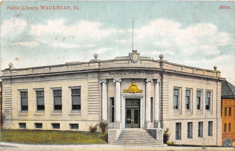 H76/ Waukegan Illinois Postcard c1910 Public Library Building 77