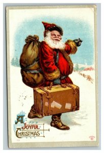 Vintage 1911 Christmas Postcard Santa Claus Luggage Hitchhiking in Snow