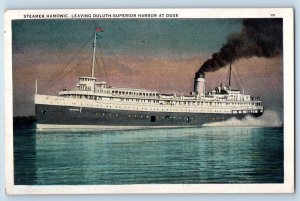 Duluth Minnesota MN Postcard Steamer Hamonic Leaving Superior Harbor Dusk c1920