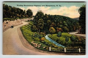 Postcard Winding Mountain Highway Morgantown West Virginia Old Car Linen 1951