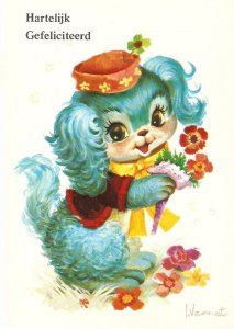 Comic dog with flowers Modern Spanish Greetings, artist signed, postcard