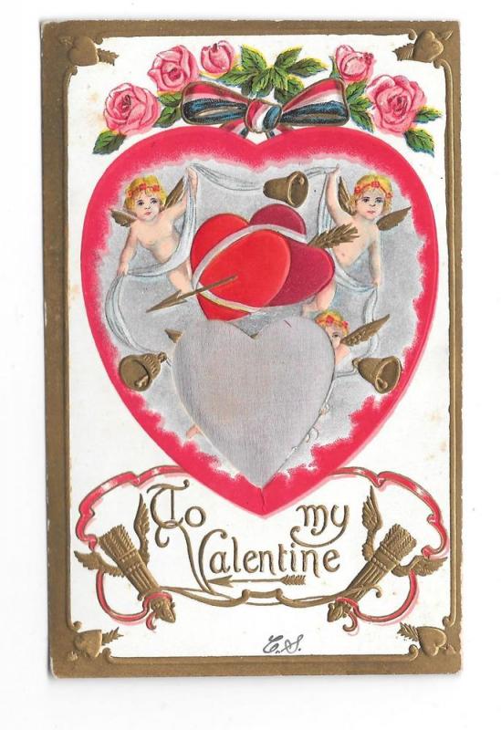 Valentine Silk Heart Cupid Roses Vintage Embossed Postcard