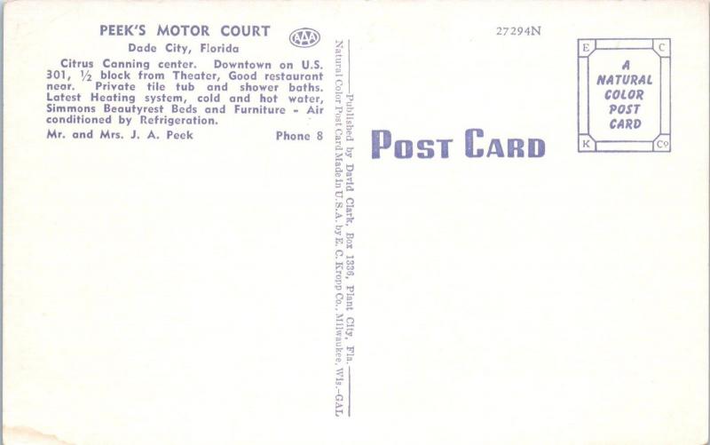 DADE CITY, FL Florida  PEEK'S MOTOR COURT  c1950s  Linen  Roadside   Postcard