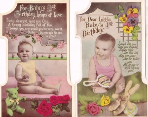 Babys First Birthday 2x Antique Teddy Bear Rabbit Real Photo Shaped Postcard s