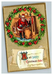 Vintage 1910 Christmas Postcard - Santa Claus Delivers Presents Boy Peeks FUNNY