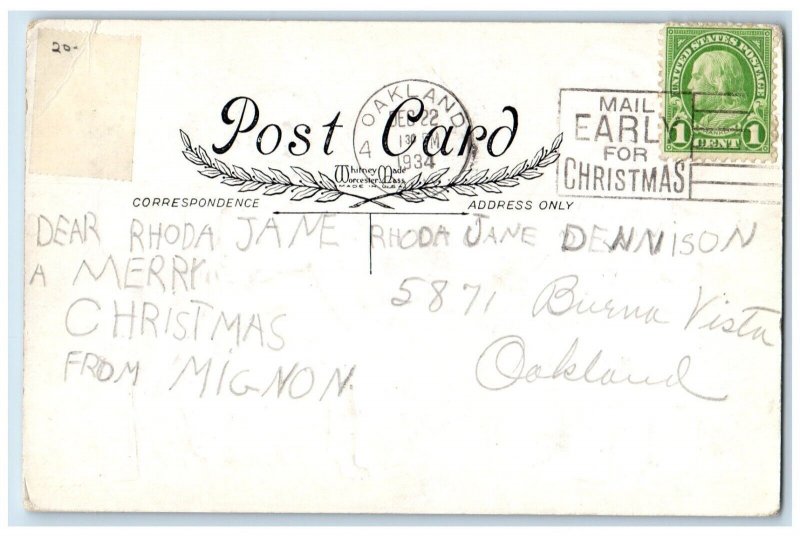 1934 Christmas Santa Claus Reindeer Riding Little Girl Holly Oakland CA Postcard