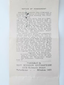1930 San Francisco Escalon Kadota Fig Co. Notice Assessment Hand Written Receipt