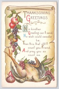 Thanksgiving Parchment Greetings~Plucked Turkey~Fruit~Veggies~Gold~Emboss~Vtg PC