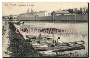 Old Postcard Melun The Banks of the Seine boats Children