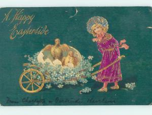 Pre-Linen easter CHICKS ON WHEELBARROW PUSHED BY CUTE GIRL hr2010