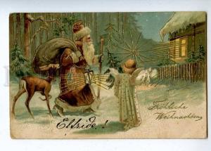 202959 Brown-Robed SANTA CLAUS Deer ANGEL Vintage EMBOSSED PC