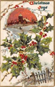 Christmas Joys~Church in Sunset Snow~Snowy Holly Berry~Fence~Embossed~TUCK