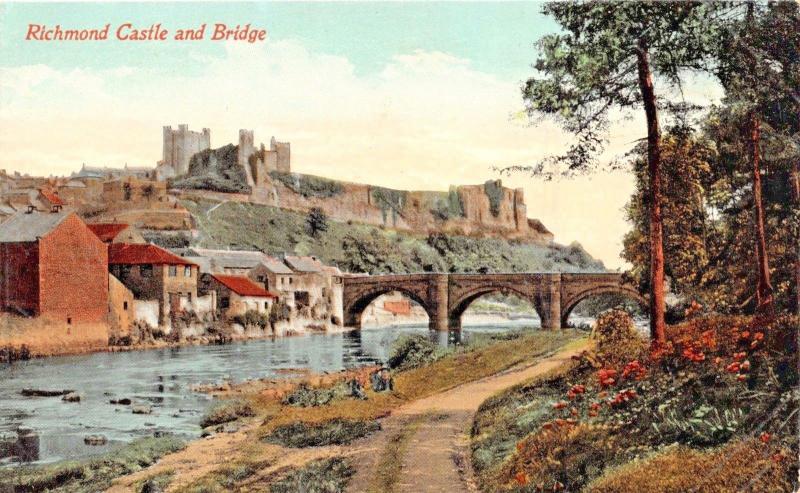 RICHMOND YORKSHIRE UK~CASTLE AND ARCHED STONE BRIDGE POSTCARD