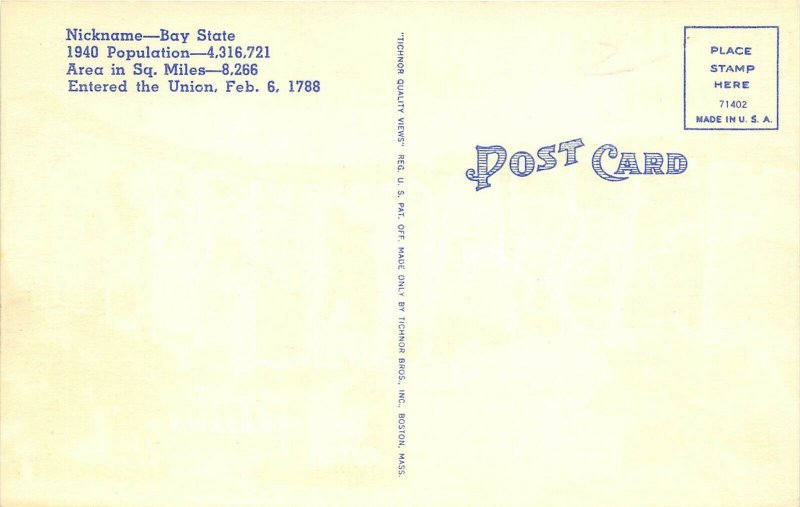 MASSACHUSETTS 1940-50s LARGE LETTER Greetings Postcard