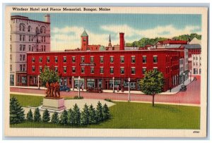 c1940's Windsor Hotel & Pierce Memorial Building Monument Bangor Maine Postcard