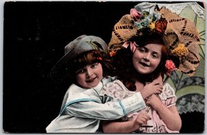 Two Young Ladies Children Photograph Lovely Girls Fancy Head Dress Postcard