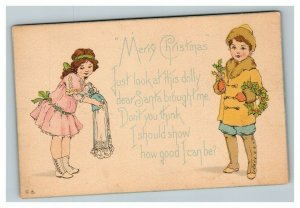 Vintage 1910's Art Deco Christmas Postcard Cute Children Mistletoe Wreath Doll