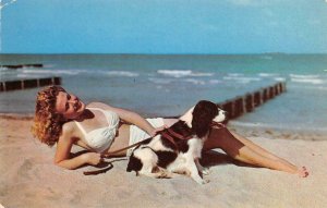 Balboa, CA Blonde Pin-Up Bikini Beach Scene Dog c1950s Vintage Postcard