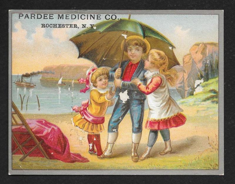 VICTORIAN TRADE CARD Pardee Medicine Kids at Beach Umbrella