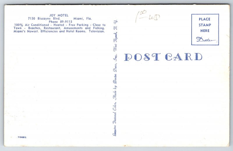 Miami Florida~Joy Motel~Round Office~1950s Cars~Postcard