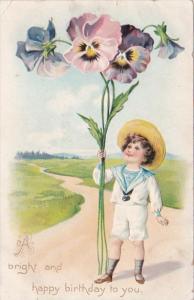 Tucks Birthday Young Boy With Stalk Of Pansies