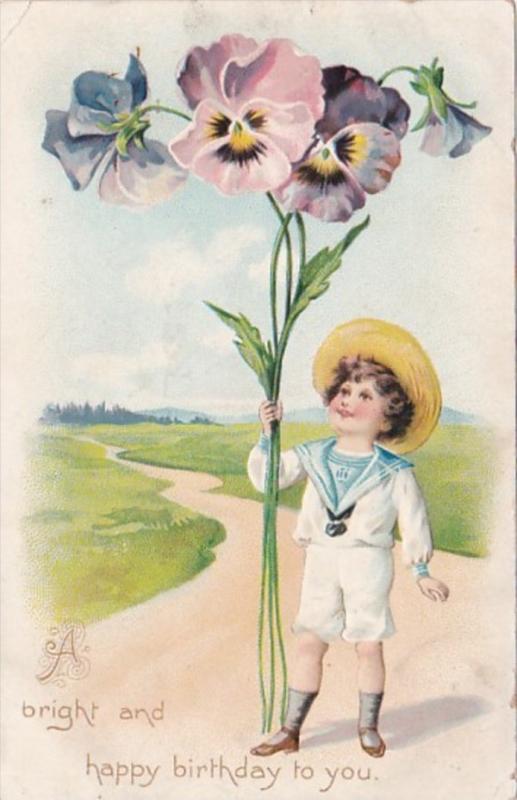 Tucks Birthday Young Boy With Stalk Of Pansies