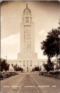 RPPC Lincoln Nebraska State Capitol Old Cars People Trolley Rails Postcard X2